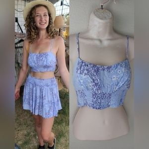 Boho Lavender and White Floral Color Block Adjustable Spaghetti Strap Crop Top